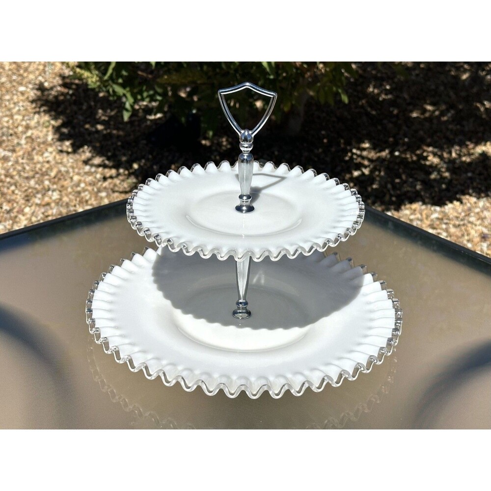 Fenton Silver Crest Milk Glass 2-Tier Tidbit Stand Edge Ruffled Cookie Canape